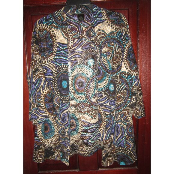 Preswick & Moore Plus 2X Open Cardigan Jacket Topper Ethnic Print Lace 3/4 Slv - Picture 1 of 2